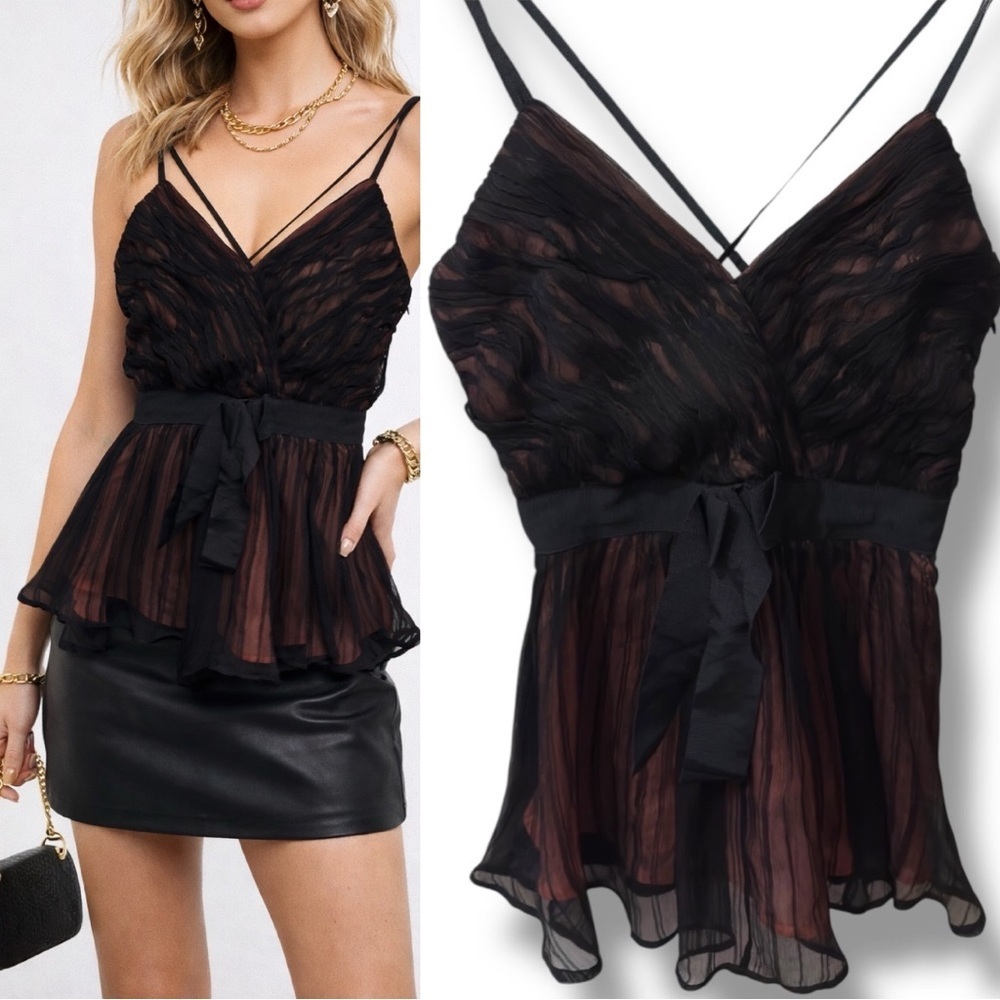 French Connection |NWOT 100% Silk Sheer Black Strappy Babydoll Cami Top (size 8)